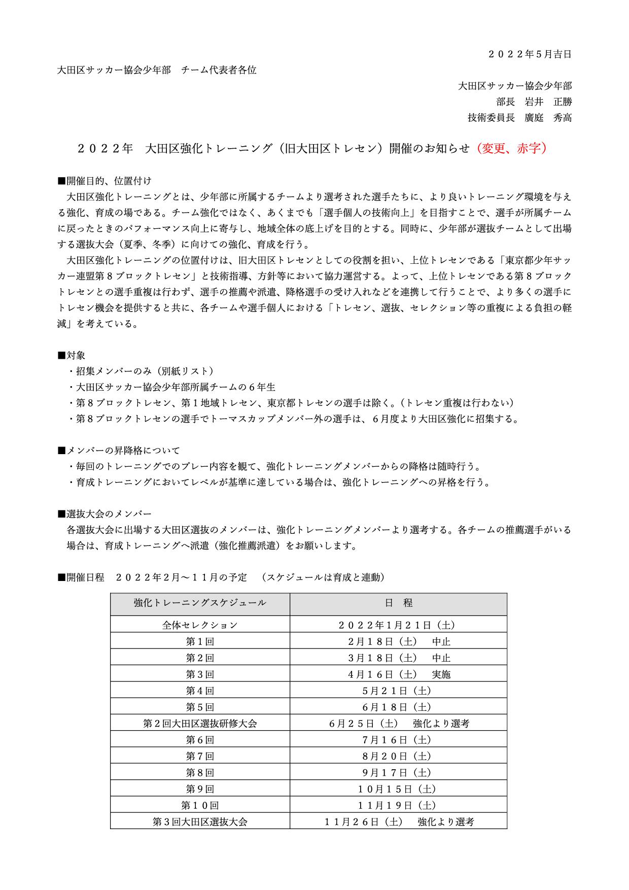 2022年度 大田区強化トレーニング開催のお知らせ